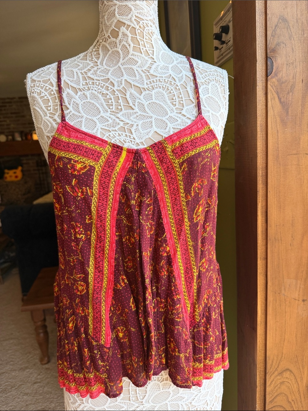 Free People Burgundy, Red and Gold Boho Spaghetti-Strap Tank